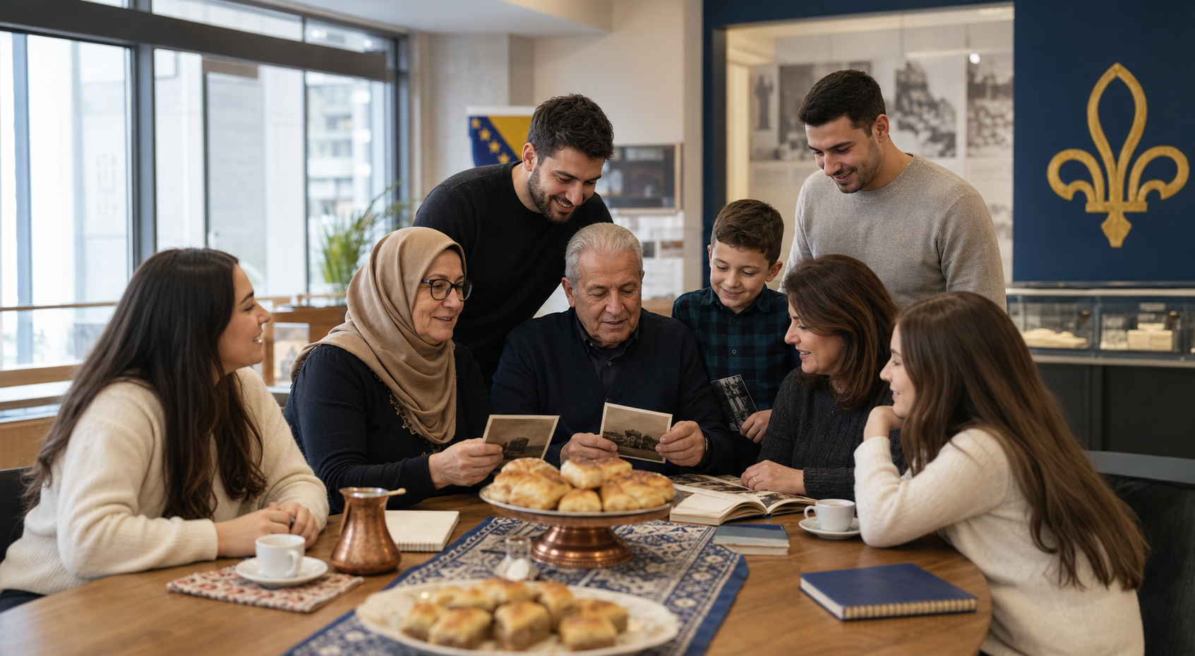 Bosnian American families sharing archive photos and coffee